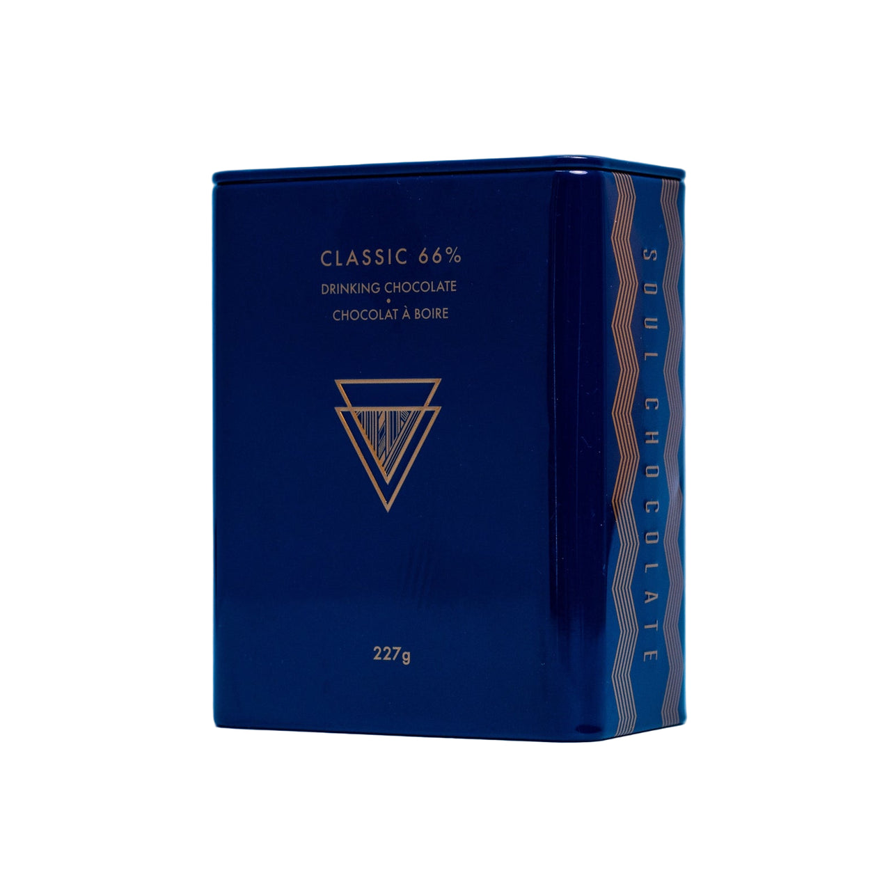 A blue box of Classic 66% Drinking Chocolate with the branding and weight (250g) visible.