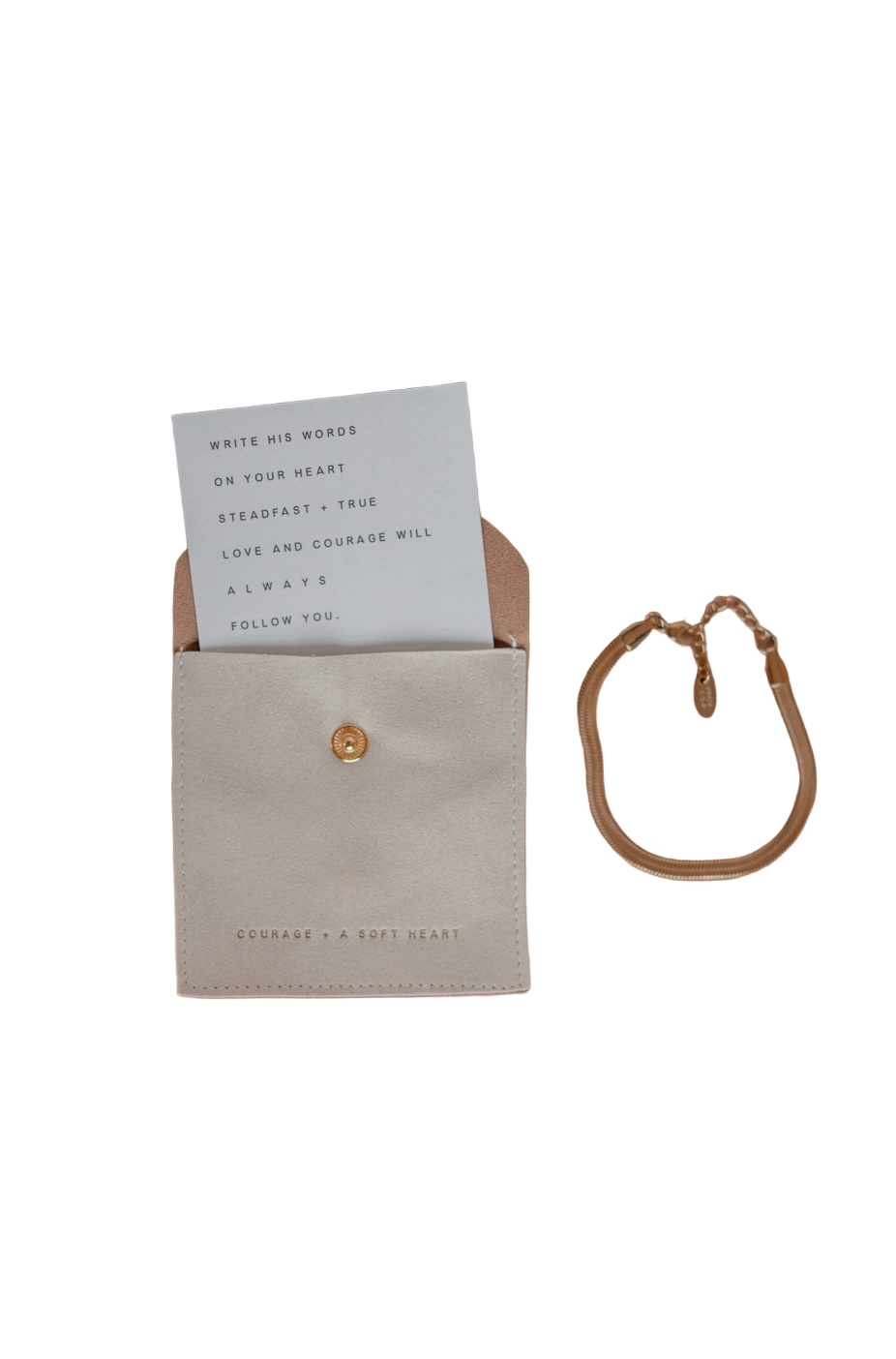 An image of an open bracelet box with a card inside and a gold-plated bracelet placed beside it on a neutral background.