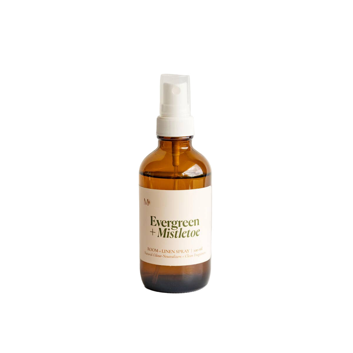 Brown spray bottle labeled 'Evergreen + Mistletoe' on a white background