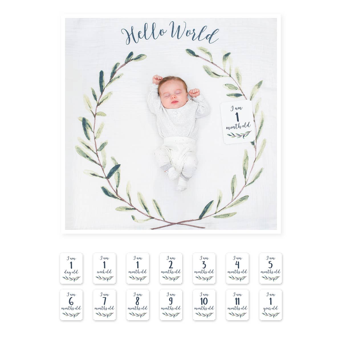 HELLO WORLD- BABY'S 1ST YEAR SWADDLE BLANKET & MILESTONE CARD SET
