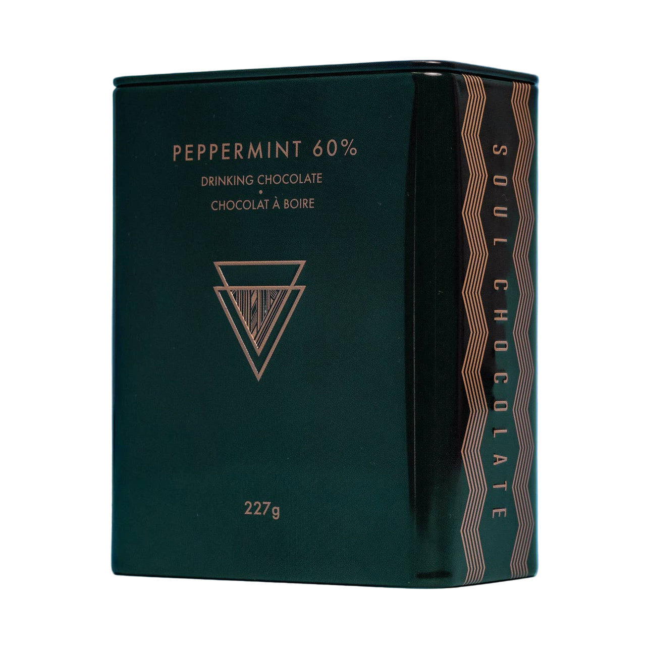 Dark green packaging of peppermint 60% drinking chocolate with 'Soul Chocolate' branding on a blue background.