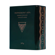 Dark green packaging of peppermint 60% drinking chocolate with 'Soul Chocolate' branding on a blue background.