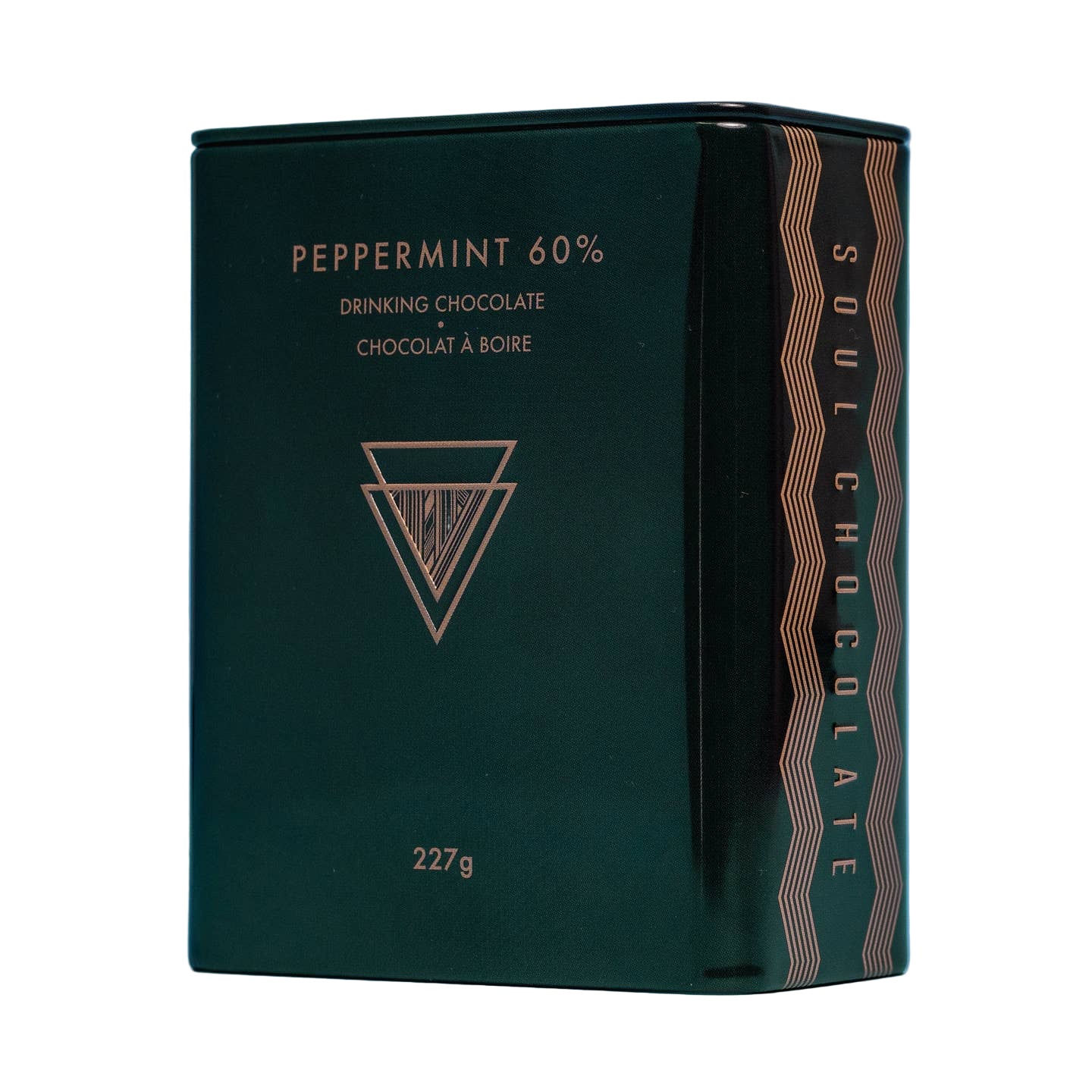 Dark green packaging of peppermint 60% drinking chocolate with 'Soul Chocolate' branding on a blue background.
