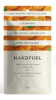 Handfuel cashew snack packages on a white background