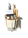 This is a picture of a gift basket for home buyers full of hand soap, dish soap, Turkish tea towel, personalized cutting board, This Is Home coffee table book and a beautifully scented candle.